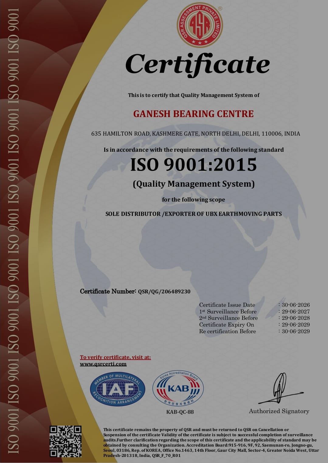 ISO 9001:2015 certificate — Ganesh Bearing Centre